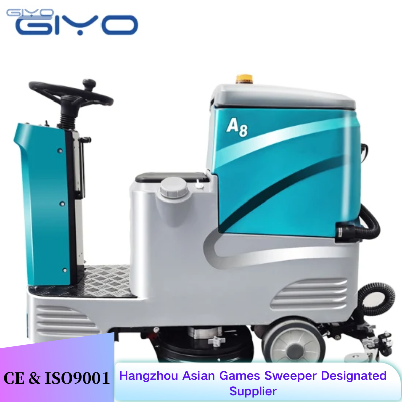 Industrial ride-on floor scrubber cleaning a large warehouse aisle
