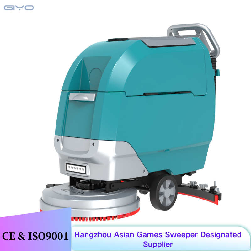 Commercial floor scrubber operating safely in a warehouse environment